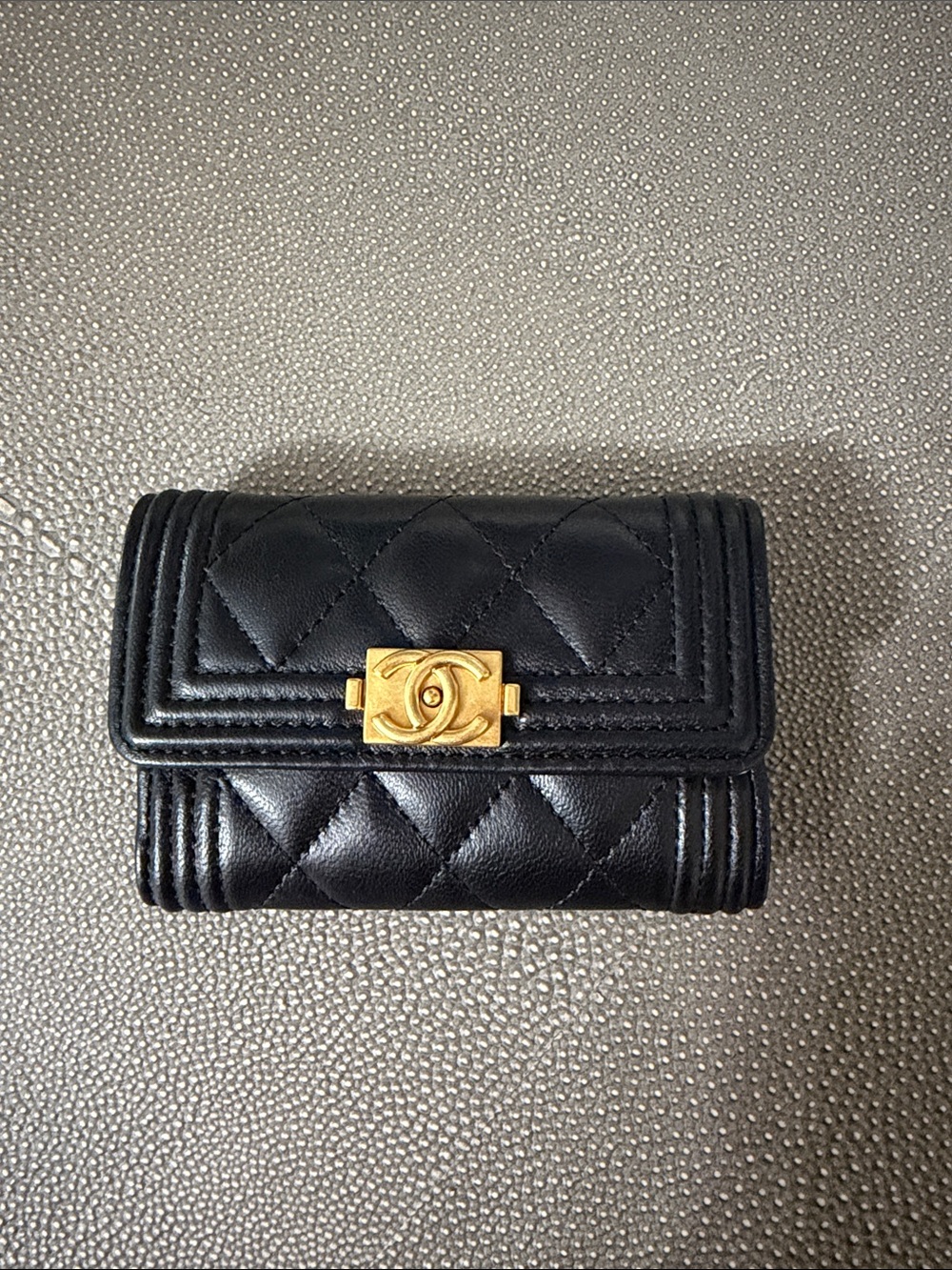 CHANEL Black Quilted Leather Wallet with Gold CC Lock